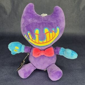 Bendy Purple Plush Monster Toy with Red Bow and Teal Hands